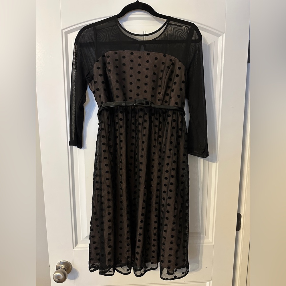 Motherhood Maternity Elegant Black Polka Dot Long Sleeve Maternity Dress M